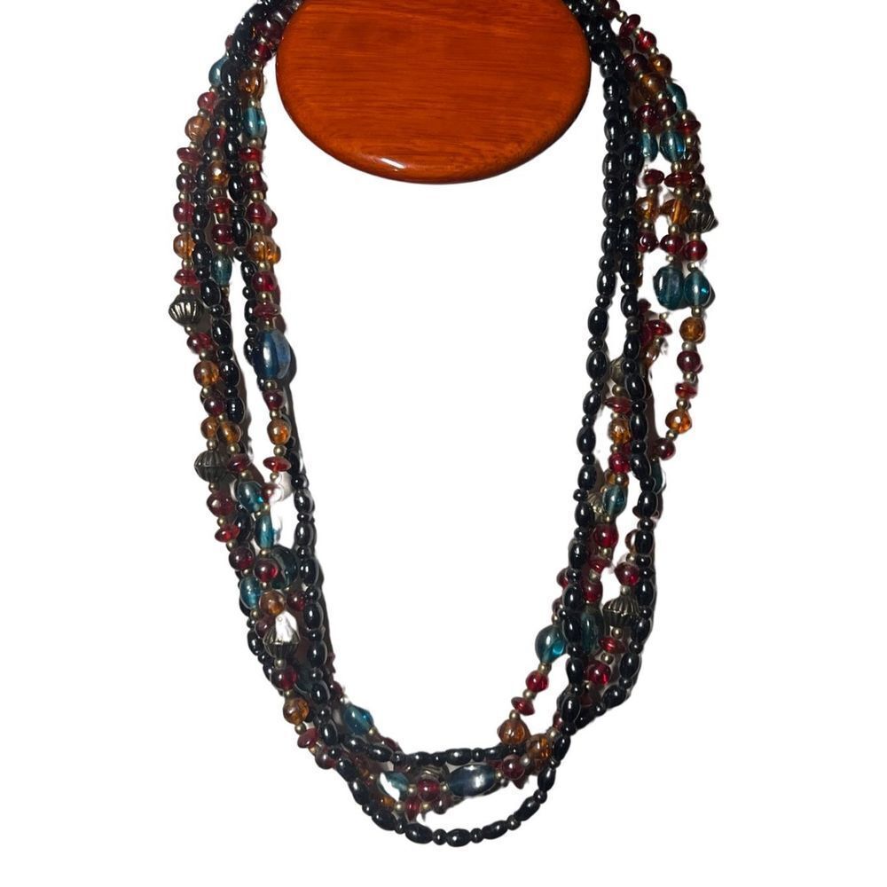 1970s Multi Strand Glass Jewel Tone Beads & Hematite Necklace Vintage Iridescent